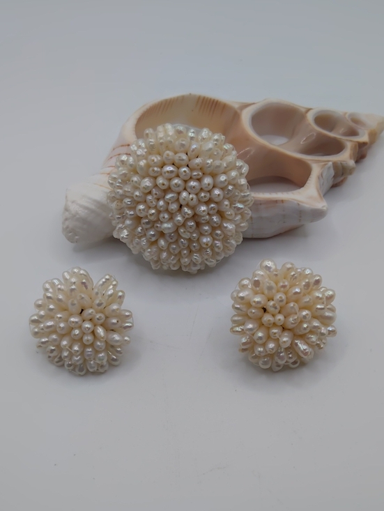 Vintage Jewelry - Rice Pearl Earrings And Brooch Set Vintage